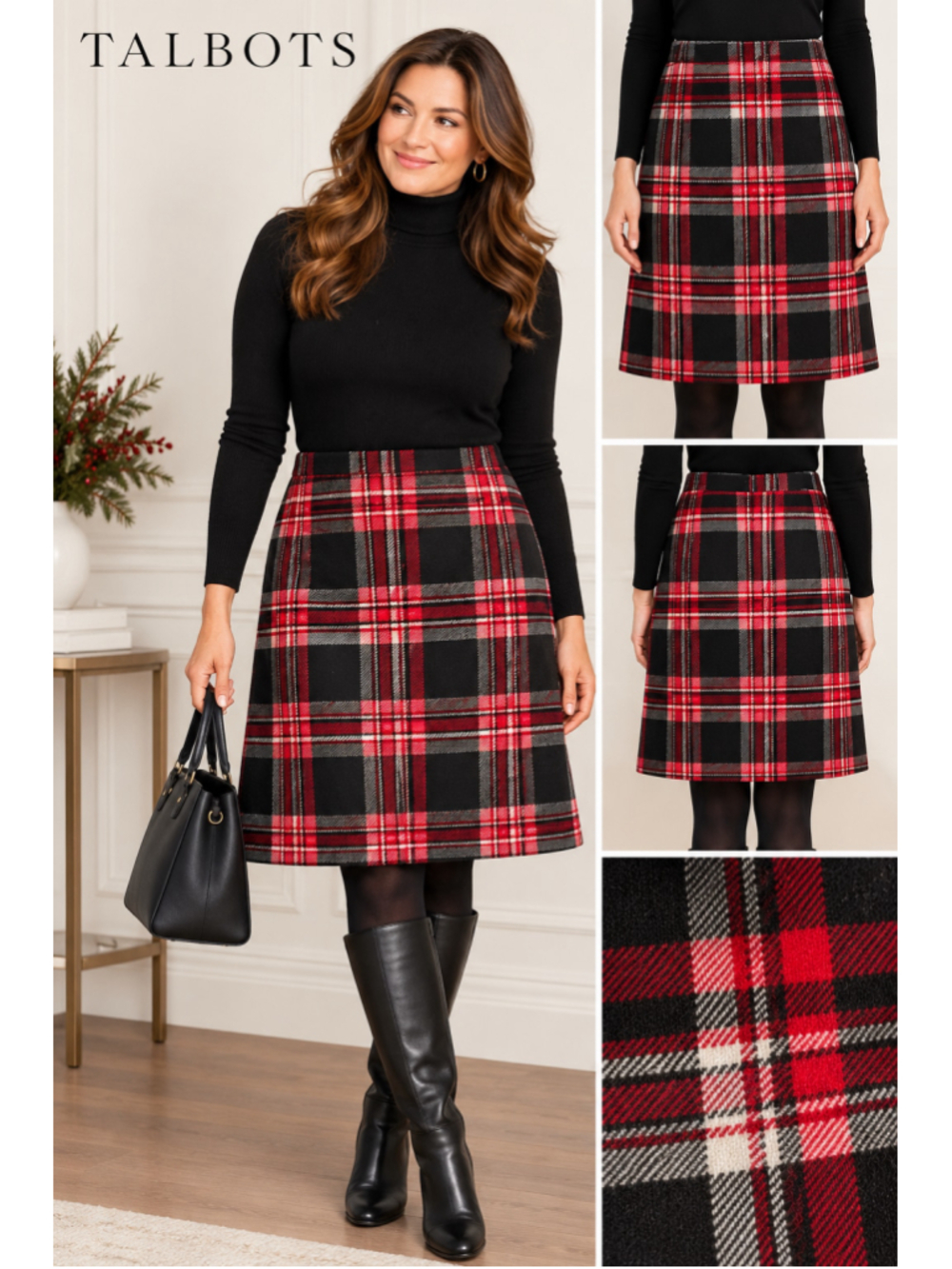 Talbots Size 14 Plaid Wool Blend A-Line Skirt Red Black Tartan Holiday